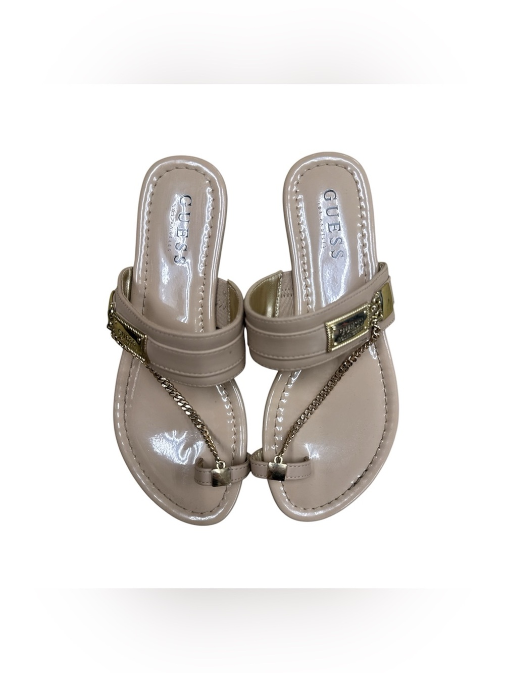 GUESS Nude Patent Thong Sandals with Gold Chain Accent S6